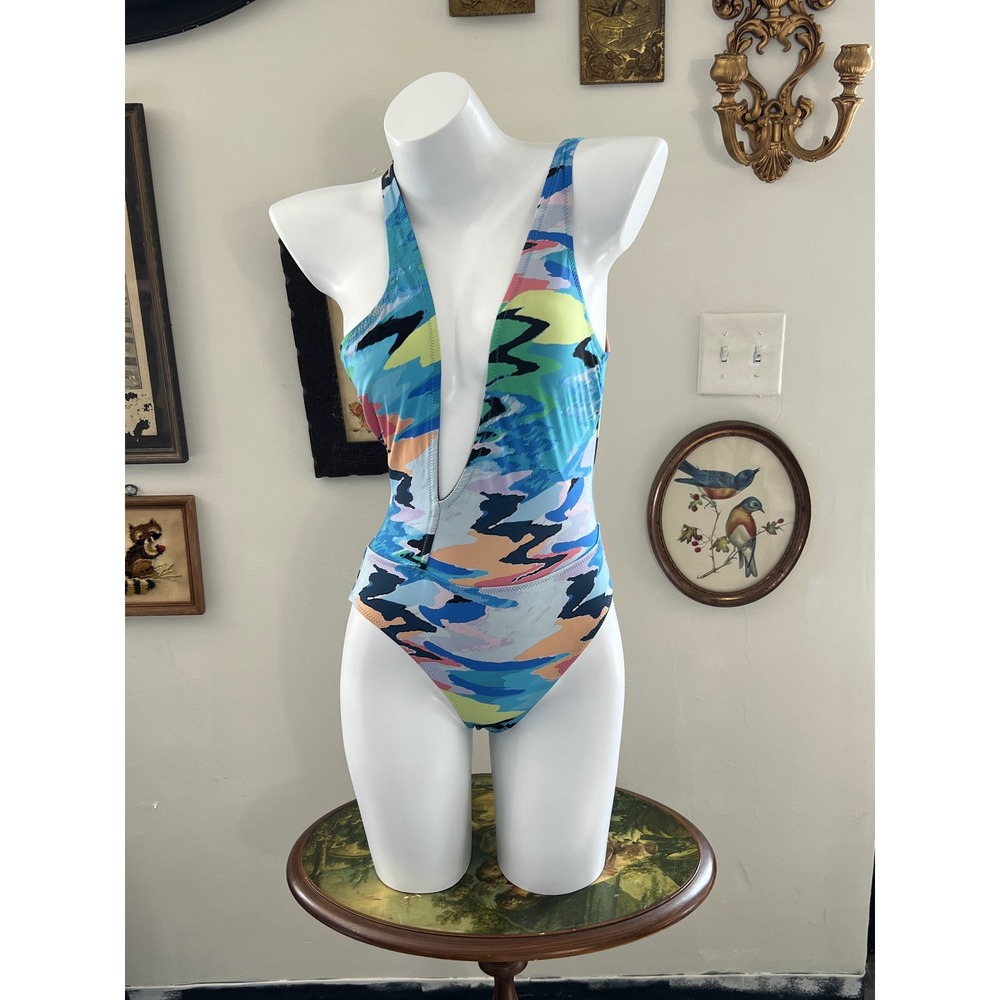 Solid & Striped Multicolored Abstract Print Plunge One-Piece Swimsuit Size M